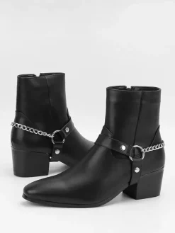 Bottines noires pour homme bout rond détail chaîne talon épais