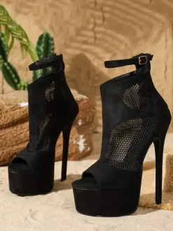 Bottines noires à talons hauts plateforme bout ouvert bride cheville en résille