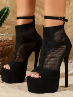 Bottines noires à talons hauts plateforme bout ouvert bride cheville en résille
