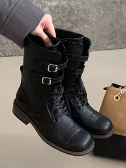 Bottines plates à lacets bout rond et boucle pour femmes