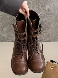 Bottines plates à lacets bout rond et boucle pour femmes