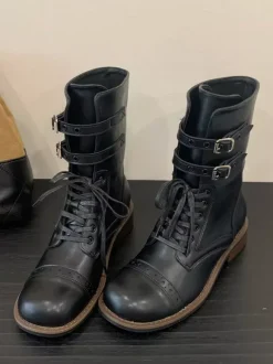 Bottines plates à lacets bout rond et boucle pour femmes