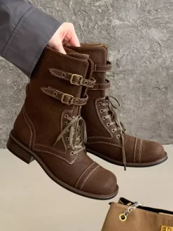 Bottines plates à lacets bout rond et boucle pour femmes