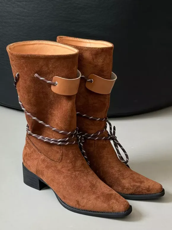 Bottines pour femmes à bout carré et talon épais à lacets