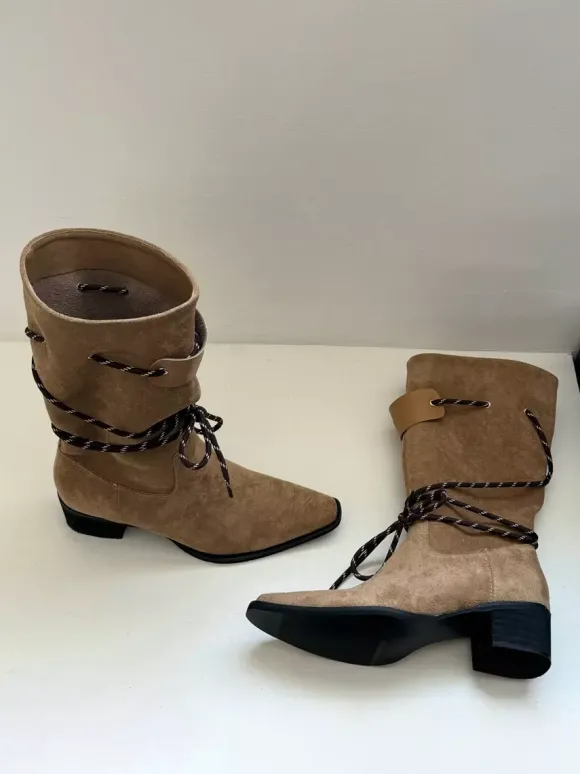 Bottines pour femmes à bout carré et talon épais à lacets