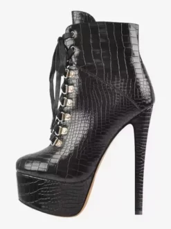 Bottines pour femmes détails en métal noir Bottes en cuir PU Bout rond Talon aiguille