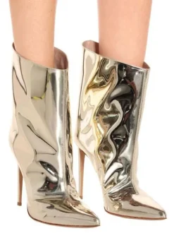 Bottines pour femmes en cuir or clair bout pointu cuir brillant talon aiguille bottes à talons hauts