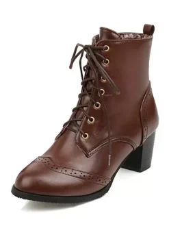 Bottines pour femmes kaki bottines en cuir PU bout pointu talon épais