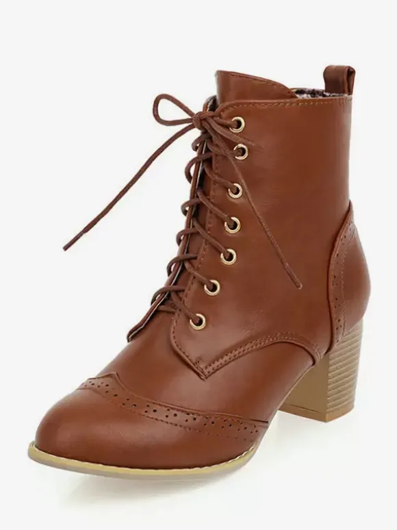 Bottines pour femmes kaki bottines en cuir PU bout pointu talon épais