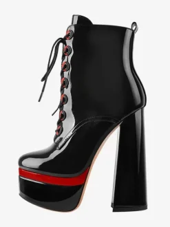 Bottines Pour Femmes Noir À Lacet Plateforme Talon Épais Bout Rond En Cuir PU
