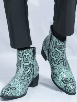 Bottines pour homme en cuir à imprimé serpent bout pointu talon moyen et fermeture éclair