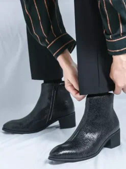 Bottines pour homme en cuir à imprimé serpent bout pointu talon moyen et fermeture éclair