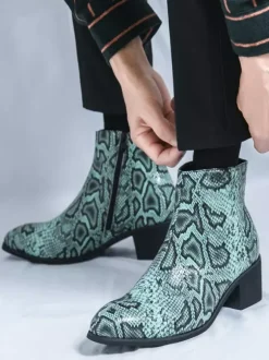 Bottines pour homme en cuir à imprimé serpent bout pointu talon moyen et fermeture éclair
