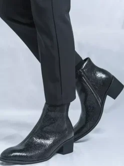 Bottines pour homme en cuir à imprimé serpent bout pointu talon moyen et fermeture éclair