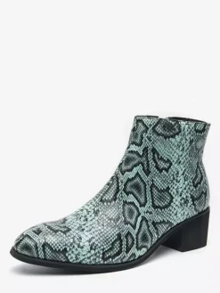 Bottines pour homme en cuir à imprimé serpent bout pointu talon moyen et fermeture éclair