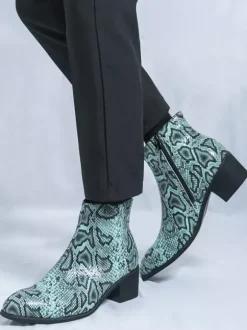 Bottines pour homme en cuir à imprimé serpent bout pointu talon moyen et fermeture éclair