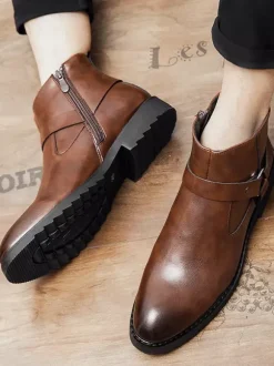 Bottines pour hommes bout bruni fermeture éclair latérale harnais chaussures imperméables antidérapantes