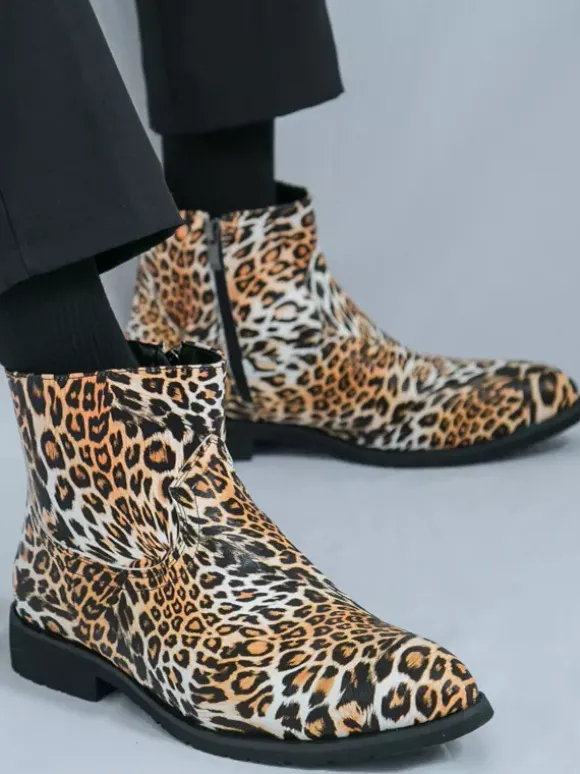Bottines pour hommes à bout rond et talon bas imprimé léopard chaussures décontractées