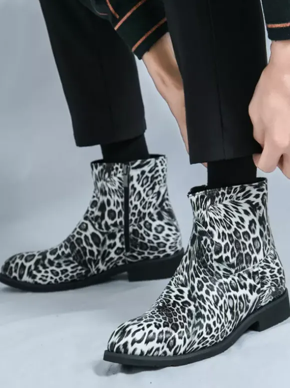 Bottines pour hommes à bout rond et talon bas imprimé léopard chaussures décontractées