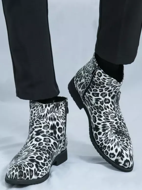 Bottines pour hommes à bout rond et talon bas imprimé léopard chaussures décontractées