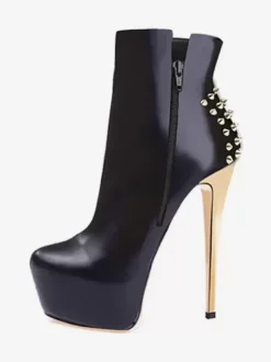 Bottines À Rivets Noirs Femmes Bottes À Tige En Micro-Suède Bout Rond Talon Aiguille