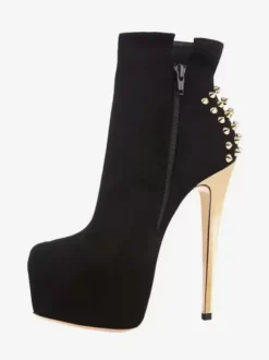 Bottines À Rivets Noirs Femmes Bottes À Tige En Micro-Suède Bout Rond Talon Aiguille