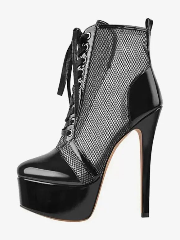 Bottines Sexy À Plateforme En Maille Femmes Bottes À Lacets À Talons Hauts Grande Taille