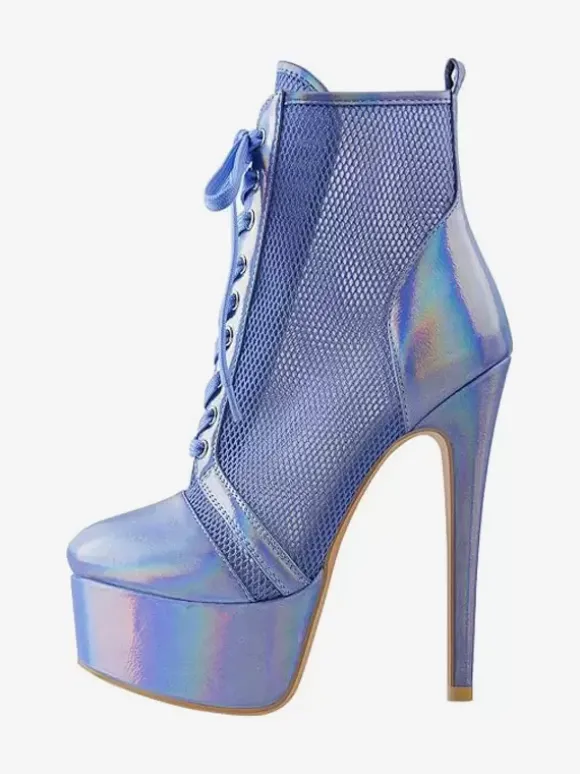 Bottines Sexy À Plateforme En Maille Femmes Bottes À Lacets À Talons Hauts Grande Taille