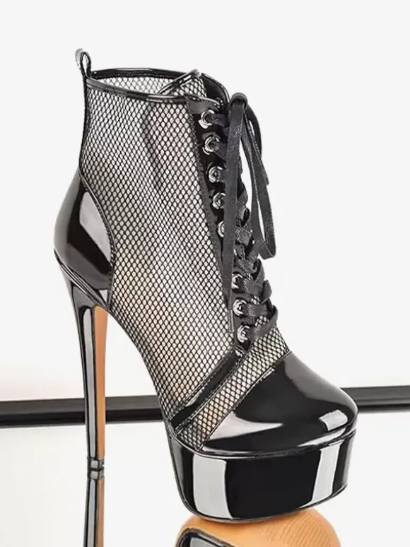 Bottines Sexy À Plateforme En Maille Femmes Bottes À Lacets À Talons Hauts Grande Taille