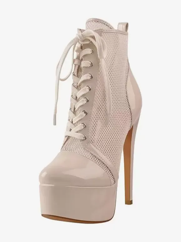 Bottines Sexy À Plateforme En Maille Femmes Bottes À Lacets À Talons Hauts Grande Taille