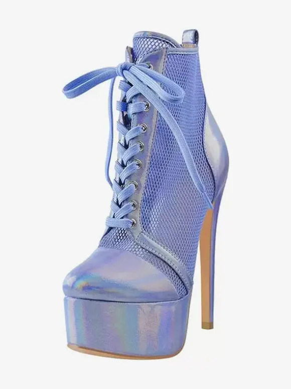 Bottines Sexy À Plateforme En Maille Femmes Bottes À Lacets À Talons Hauts Grande Taille