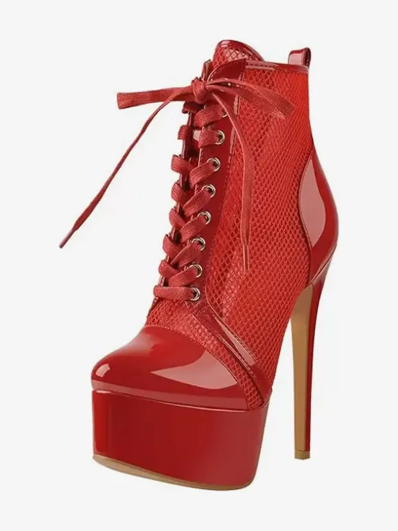 Bottines Sexy À Plateforme En Maille Femmes Bottes À Lacets À Talons Hauts Grande Taille
