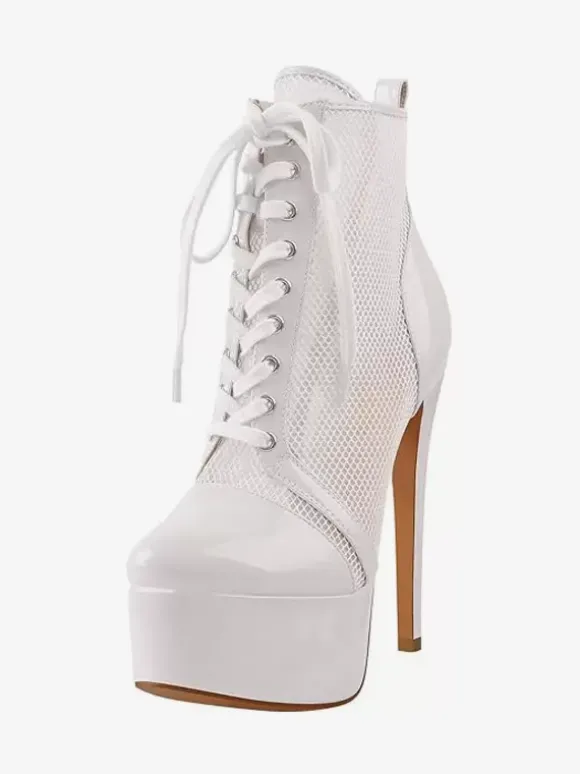 Bottines Sexy À Plateforme En Maille Femmes Bottes À Lacets À Talons Hauts Grande Taille