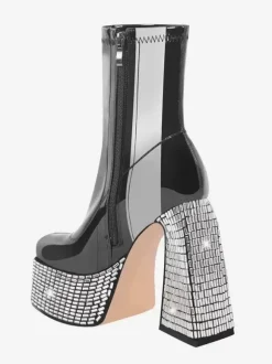Bottines à strass noirs à plateforme bout rond bottines à talons épais
