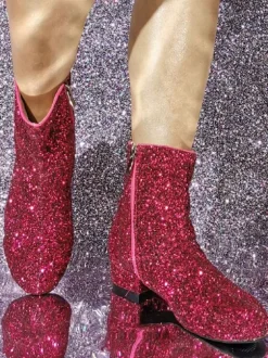 Bottines À Talons À Bout Rond En Tissu À Paillettes Pour Femmes Talon Bas