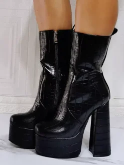 Bottines à Talons Hauts avec Plateforme Femme avec Bout Rond en Cuir Synthétique Unicolore