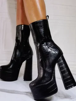 Bottines à Talons Hauts avec Plateforme Femme avec Bout Rond en Cuir Synthétique Unicolore