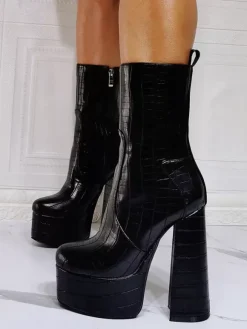 Bottines à Talons Hauts avec Plateforme Femme avec Bout Rond en Cuir Synthétique Unicolore
