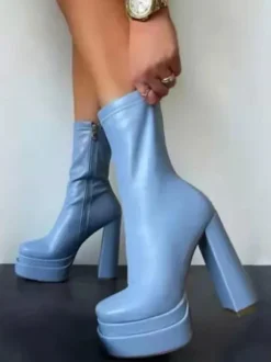 Bottines à Talons Hauts Femme à Plateforme avec Bout Carré Unicolore