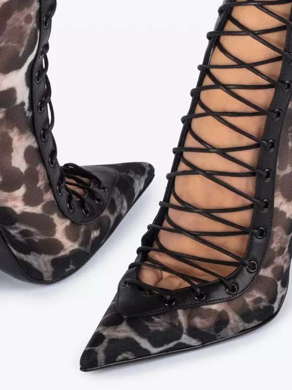 Bottines à talons hauts pour femmes en maille bout pointu lacets bottines