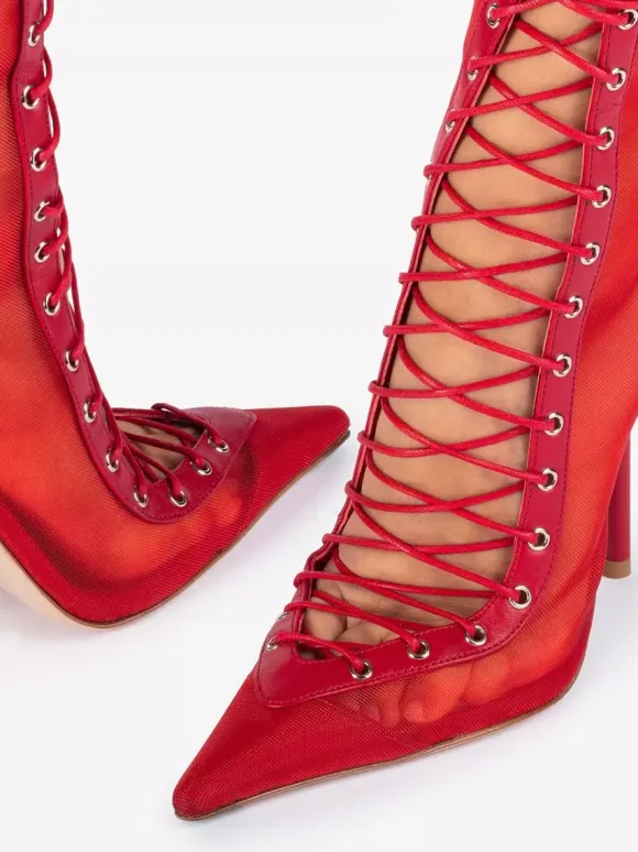 Bottines à talons hauts pour femmes en maille bout pointu lacets bottines