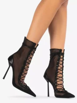 Bottines à talons hauts pour femmes en maille bout pointu lacets bottines