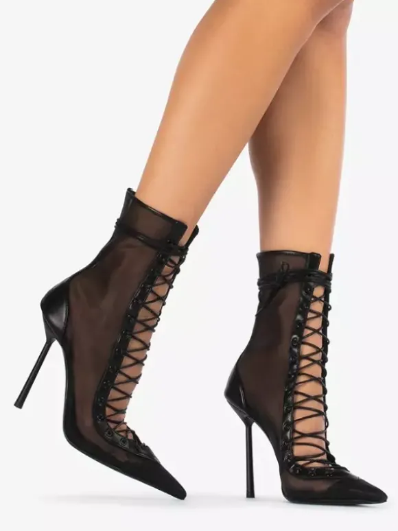 Bottines à talons hauts pour femmes en maille bout pointu lacets bottines