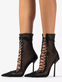 Bottines à talons hauts pour femmes en maille bout pointu lacets bottines