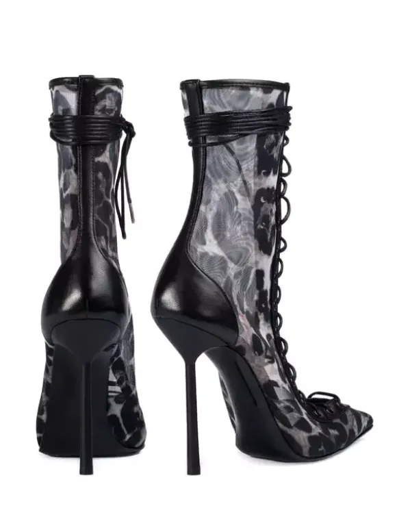 Bottines à talons hauts pour femmes en maille bout pointu lacets bottines