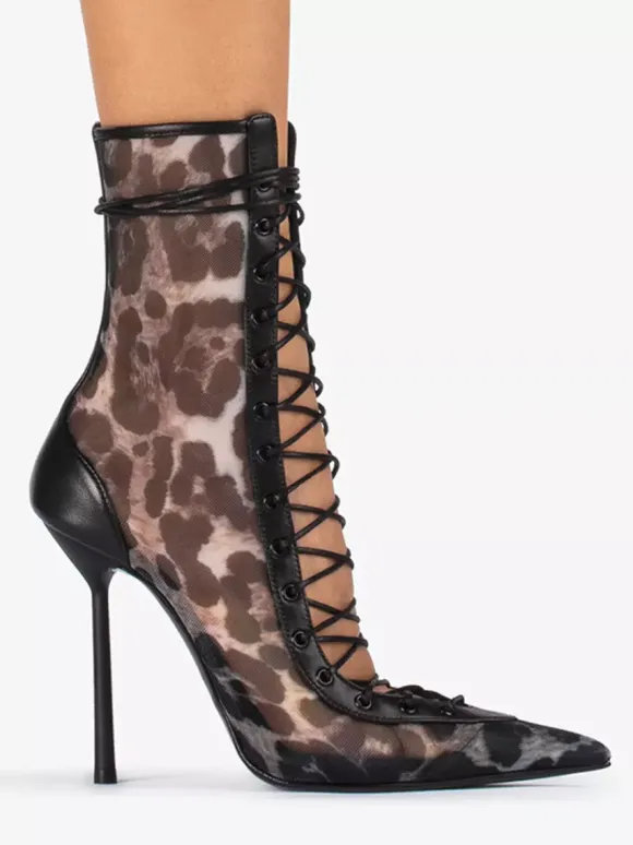 Bottines à talons hauts pour femmes en maille bout pointu lacets bottines