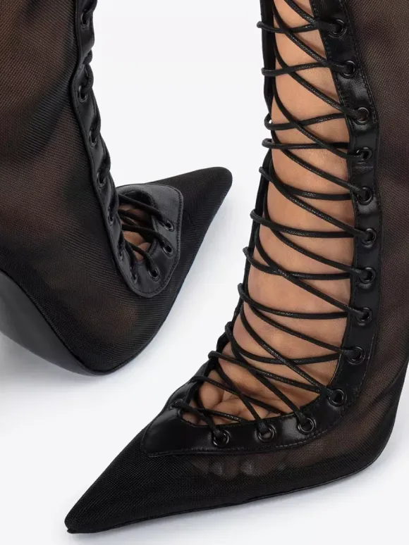 Bottines à talons hauts pour femmes en maille bout pointu lacets bottines