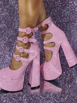 Bottines à talons hauts roses avec boucle et plateforme découpées à talons blocs