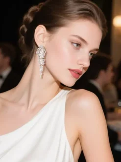 Boucles d'oreilles en cristal blanc pour adulte style vintage décontracté avec motif floral.