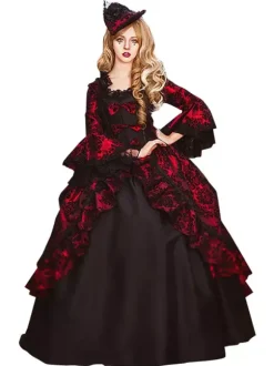 Bourgogne rétro Costumes femmes dentelle volants Polyester tunique robe rétro Marie Antoinette Costume fête robe de bal